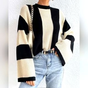 Bell Sleeve Chunky Striped Casual Crew Neck Knit Sweater
